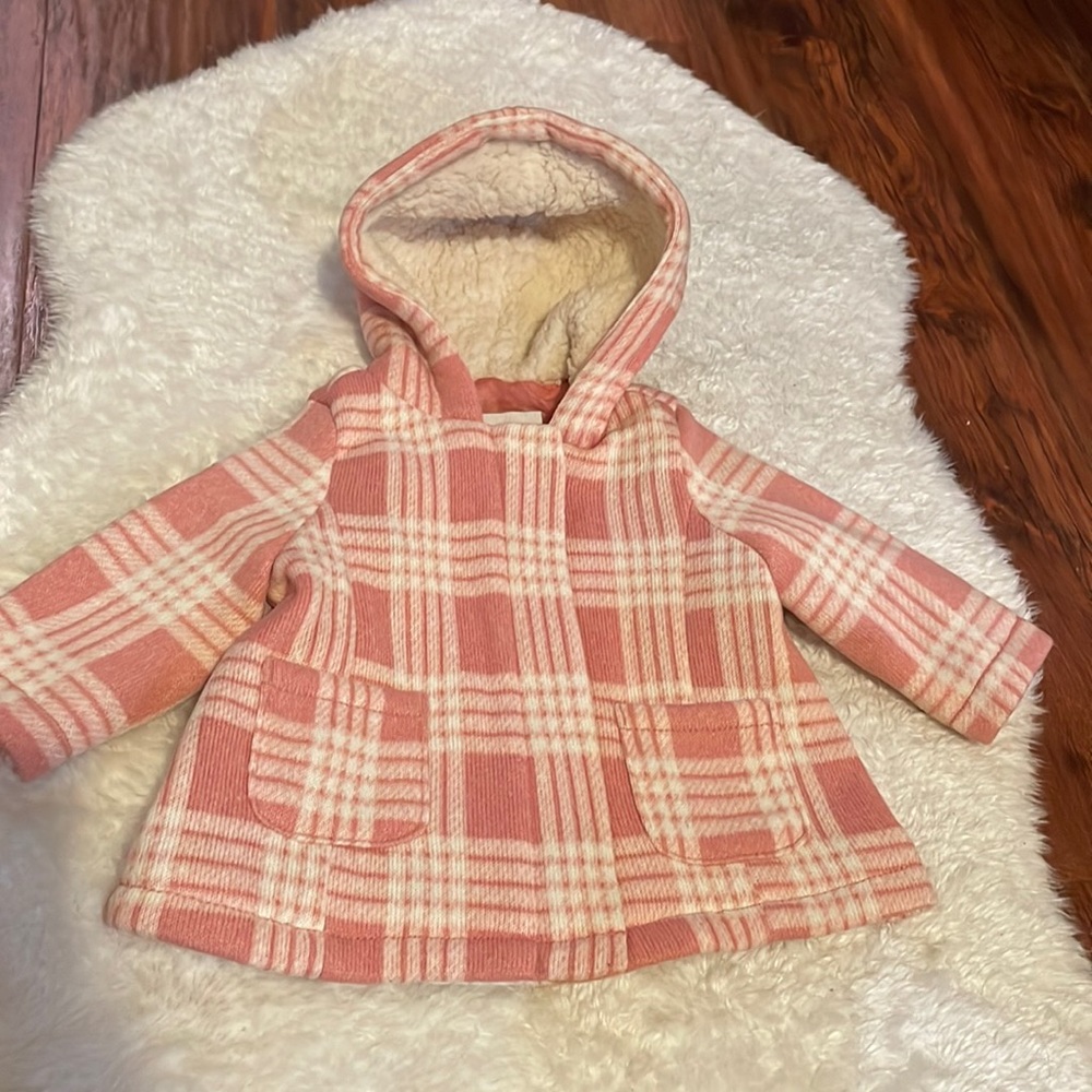 Pink plaid wool old navy baby coat, size 3-6 months.